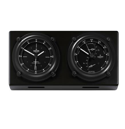 WEMPE Serie Navigator II - Wetterstation mit Uhr Ø 130 mm - auf schwarzer Holzplatte