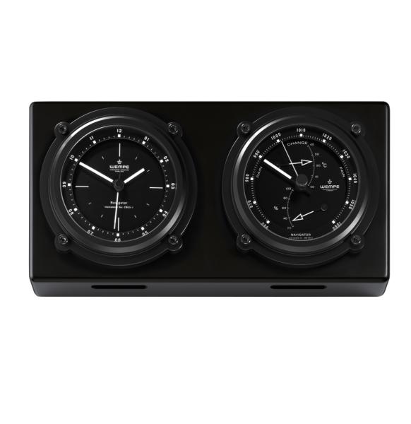WEMPE Serie Navigator II - Wetterstation mit Uhr Ø 130 mm - auf schwarzer Holzplatte